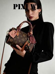 Letter Print Mini Boston Handbag, Cowhide Trim With Scarf Wrapped Handle, Pink Bow, Suitable For Daily Commute And Dating Outings - Brown - View 6