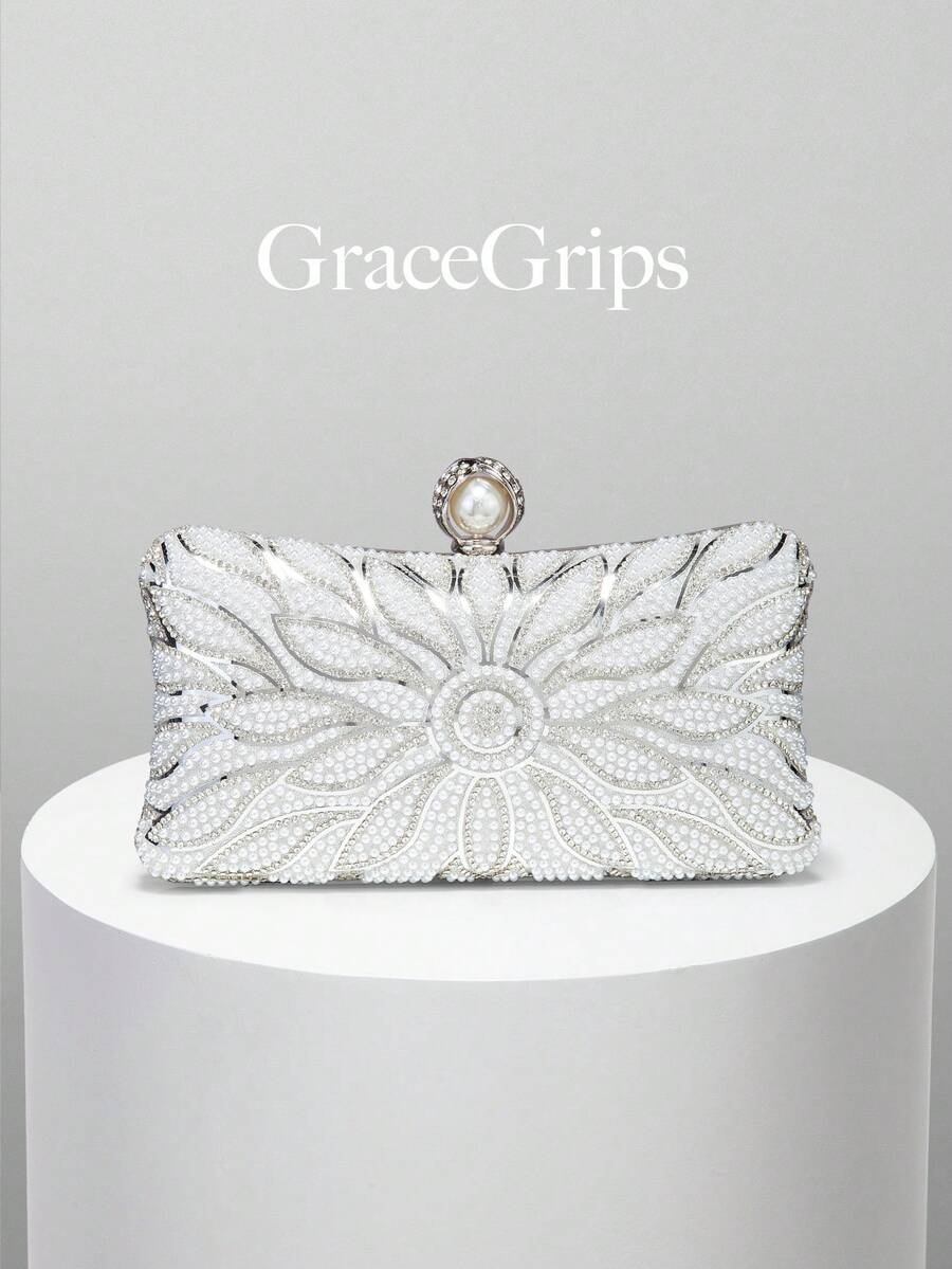 Women's Elegant/Pearl Pattern Design Box Clutch Evening Bag, Romantic Wedding Handbag, Charming/Exquisite Evening Gown Bag, Shiny White Box Clutch With Chain, Perfect Holiday Gift Choice. Comes With Metal Chain.