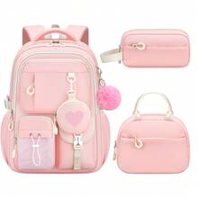 3pcs Contrast Color Heart Embroidery Girls Backpack With Pom Pom Charm, Matching Lunch Bag And Pencil Case Set - Sets - View 7