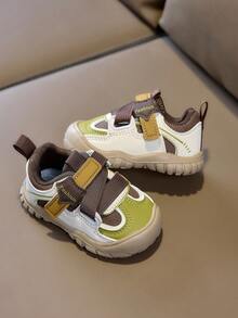 1 Pair Vintage Colorblock Baby Casual Shoes, Hook And Loop Anti-Collision Toe Cap Soft Sole Walking Sports Shoes - Khaki - View 3