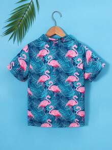 Young Boy Casual Tropical Palm Leaves & Flamingo Print Short Sleeve Shirt, Perfect For Vacation, Party, Outing, Etc. - Multicolor - View 2