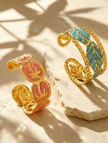 VceTd 1 Set Gentle Style Enamel Craft Pattern Design Stainless Steel Women's Bracelet Suitable For Vacation And Travel - Yellow Gold - View 6