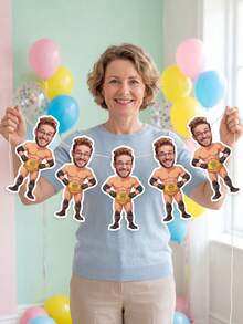 6/12/18pcs Custom Photo Wrestler Banner, Personalized Cartoon Male Wrestler Banner With Champion Belt, Wrestling Themed Men Birthday Party Banner - Multicolor - View 5
