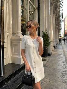 Cream White Round Neck Single-Breasted Gold Button Short Sleeve Knit Straight Mini Dress For Women, Spring/Summer, Mature Commute, Date, Minimalist - White - View 1
