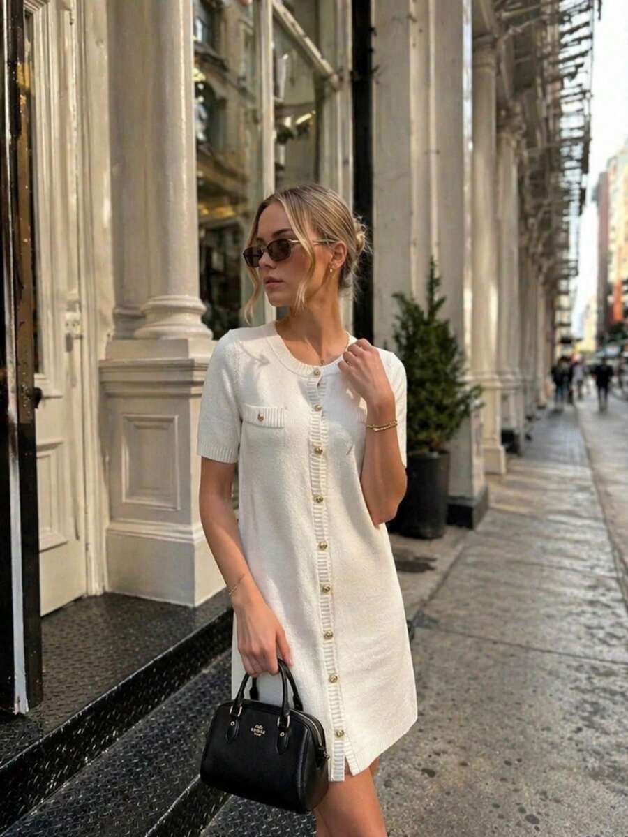 Cream White Round Neck Single-Breasted Gold Button Short Sleeve Knit Straight Mini Dress For Women, Spring/Summer, Mature Commute, Date, Minimalist - White - View 1
