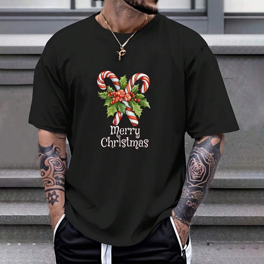 Christmas Candy Canes T-Shirt - 180gsm Cotton, Unisex Holiday Party Tee - 款式 - 查看 1