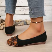 Black & Brown Leopard Print Patchwork Round Toe Flat Ballet Shoes, Contrast Color Low Vamp Retro Chic Versatile Slouchy Commuter Office Driving Loafers - Black - View 5