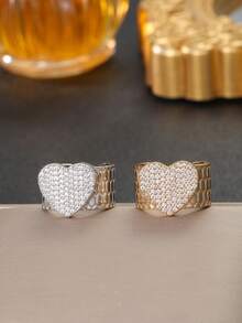 Cincin Manset Terbuka Bertekstur Sarang Lebah, Cincin Pernyataan Lebar Bertabur Berlian Imitasi Bentuk Hati yang Dapat Diatur, Perhiasan Fashion Hadiah untuk Wanita - cincin berbentuk hati - View 7