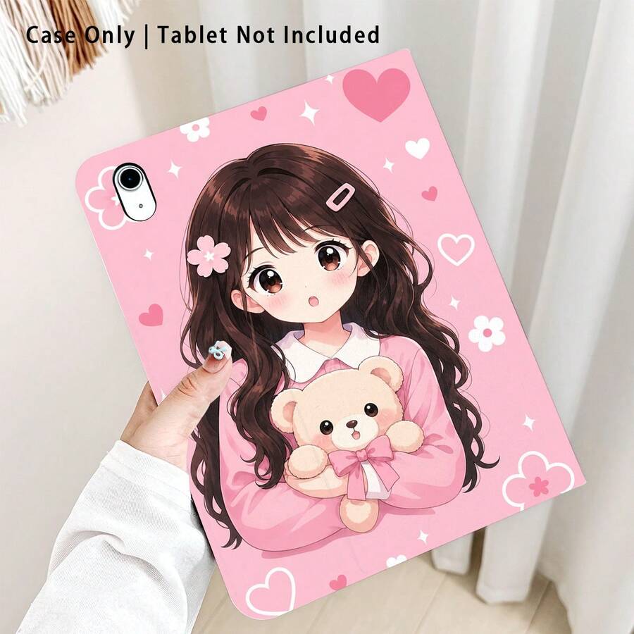 Girl Holding Cute Teddy Bear Pattern Painted Effect Tablet Protective Case, Built-In Pen Slot, With Stand, Suitable For Honor 8/9/10/X8/X8A/X9/X8Pro/X9Pro And Other Models/ MatePad Se 11 Inch/MatePad 11 Inch/11.5 Inch, MatePad Pro/, Apple 10th/11th Gen 2025 (A16), Galaxy Tab A7/A9 And Other Popular Models - Style 19 - View 1