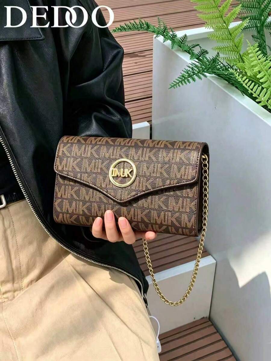 Dedoo PU皮革雙色字母印花休閒單肩包，信封包，鏈條單肩包，斜挎包，女款，時尚百搭