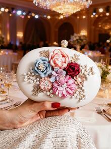 Evening Clutch Bag Fashion Floral Rhinestone Decor Handbag Oval Small Round Bag Shoulder Crossbody Chain Bag Handheld Bag Evening Bag For Women - Apricot - View 5