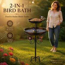 Allvendra Double-Tier Bird Bath And Bird Feeder Garden Stake, Outdoor Metal Bird Water Bowl And Seed Tray With Decorative Flower Butterfly Design For Yard, Patio, Lawn And Garden Decor - Outdoor Metal Bird Bath and Seed Tray Set - View 3