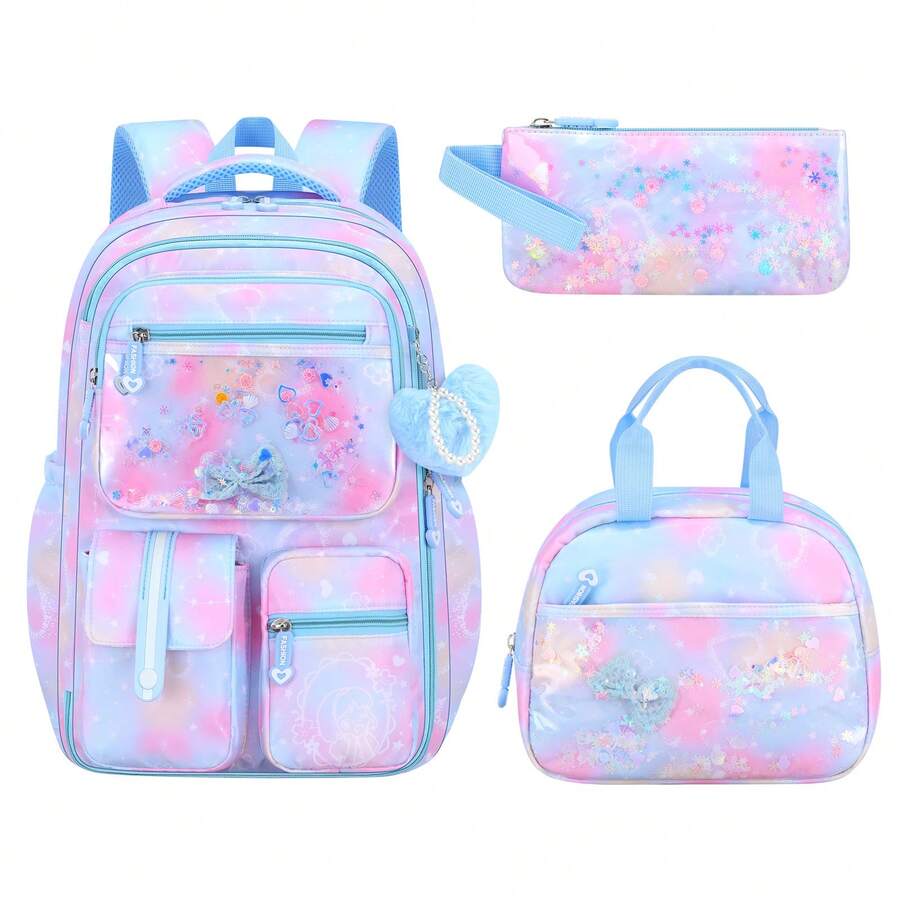 1 Set Dreamy Gradient Quicksand Large Capacity Girls Backpack Set With Pencil Case And Lunch Bag, Back To School Essentials - Sets - View 1