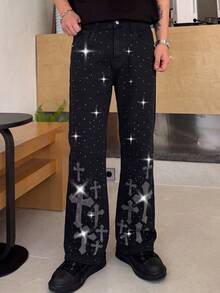1pc Elastic Slim Fit Denim Jeans With Multi-Craft Rhinestone Design, Fashion Street Style, Suitable For All Seasons - Black - View 2