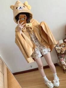 Rilakkuma Relaxed Bear Cartoon Hooded Cloak Pajamas, Thick Warm Winter Robe, Slouchy Nap Blanket - View 3