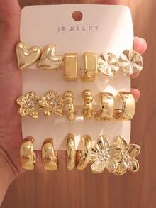 6/18pcs Gold Fashion Women's Earrings Set, Floral, Geometric C-Shape, Elegant And Stylish, Suitable For Daily Wear, Parties And Gatherings. Perfect Gift For Best Friend And Mother - Gold - View 1