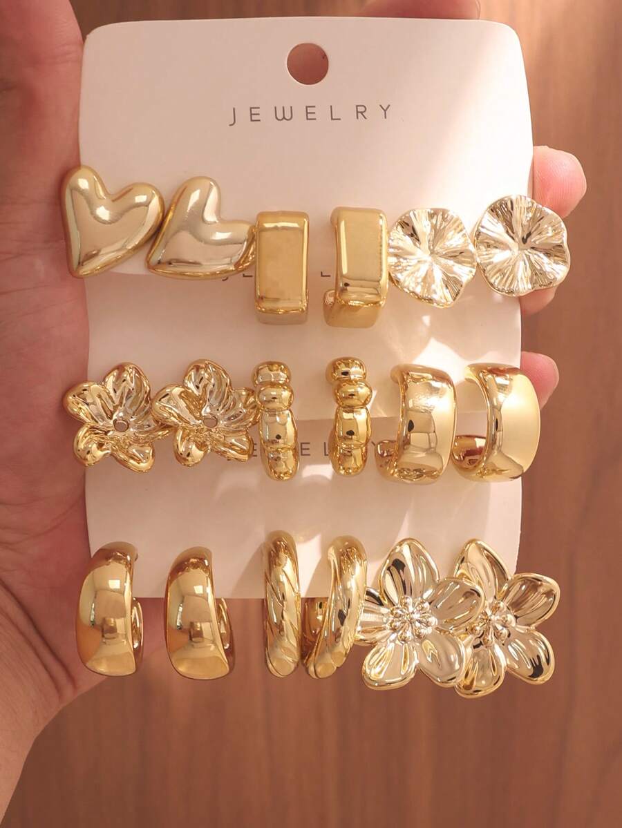 6/18pcs Gold Fashion Women's Earrings Set, Floral, Geometric C-Shape, Elegant And Stylish, Suitable For Daily Wear, Parties And Gatherings. Perfect Gift For Best Friend And Mother - Gold - View 1
