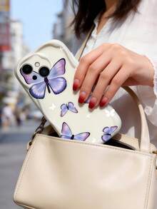 Creamy Dopamine Wavy Ruffle Soft TPU Texture, Creative Personalized Milk White Gradient Purple Butterfly Pattern Phone Case Compatible With Galaxy S21 S22 S23 S24 S25 S26/Honor/ And Other Models - White - View 4