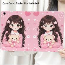 Girl Holding Cute Teddy Bear Pattern Painted Effect Tablet Protective Case, Built-In Pen Slot, With Stand, Suitable For Honor 8/9/10/X8/X8A/X9/X8Pro/X9Pro And Other Models/ MatePad Se 11 Inch/MatePad 11 Inch/11.5 Inch, MatePad Pro/, Apple 10th/11th Gen 2025 (A16), Galaxy Tab A7/A9 And Other Popular Models - Style 19 - View 6