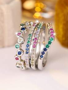 4 Stücke modisches Damen-Ringset mit Regenbogen-Zirkonia-Einlagen – perfekt für tägliches Layering und Styling - Silber + Farbe - Übersicht 2
