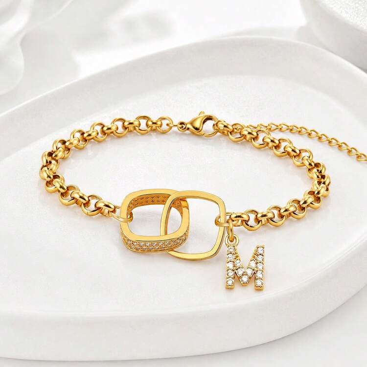 1 pieza Pulsera de cadena de cuentas de acero inoxidable dorado con doble anillo cuadrado y letra de moda para mujer - Amarillo Oro - Añade 3