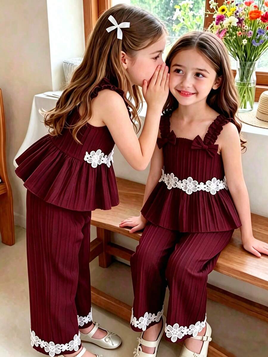 2pcs/Set Girls Casual Hollow Flower Lace + 3D Bow Camisole Top & Flower Lace Long Pants Outdoor Set Spring/Summer - Multicolor - View 1