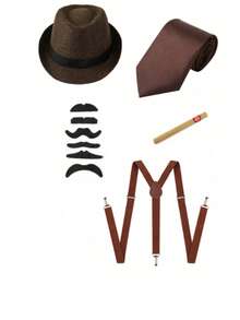 Value 5-Piece Set 1920s Men's Costume Hat, Includes 1920s Men's Hat, Tie, Fake Mustache, Accessories, Suspenders, Ball And Party Costume Halloween Outfit Accessories - Multicolor - View 2