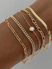 5 件套 14K 镀金编织、蛇形、珍珠链手链，适合女性日常佩戴、派对佩戴、夏季沙滩装佩戴、礼物赠送 - 金黃色 - 查看 6