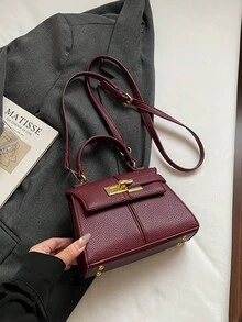 高端精緻五金設計女款手提包，時尚極簡 PU 可調節肩帶單肩包/斜挎包 - 酒紅色 - 查看 5