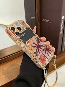 1pc Card Holder Lanyard Coconut Tree Painted Pattern PU Leather Classic Anti-Drop Soft Card Slot Short Lanyard Phone Case Compatible With Apple 17Pro/17/Air/17Promax/11/12/13/14/16 Pro Max/16 Pro/15 Series Lens Protection, Holiday Gift - Multicolor - View 3