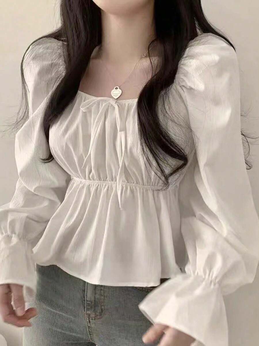 Korean Style Versatile Solid Color Chiffon Blouse, Square Collar Puff Sleeve Design, Cinched Waist Long Sleeve Elegant Top White - White - View 1