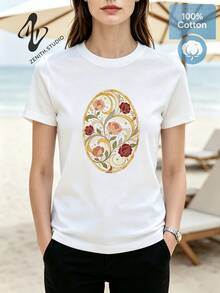 ROSE OVAL Vintage Celestial Floral Frame Print Cotton Graphic T-Shirt For Photo Shoot Cottagecore Fashion - 白色 - 查看 3