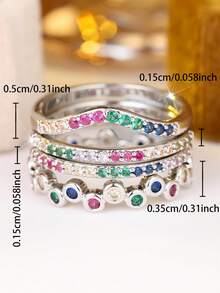 4 Stücke modisches Damen-Ringset mit Regenbogen-Zirkonia-Einlagen – perfekt für tägliches Layering und Styling - Silber + Farbe - Übersicht 5