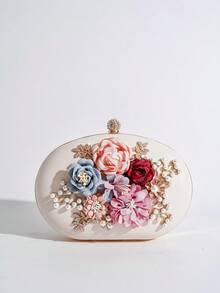 Evening Clutch Bag Fashion Floral Rhinestone Decor Handbag Oval Small Round Bag Shoulder Crossbody Chain Bag Handheld Bag Evening Bag For Women - Apricot - View 6