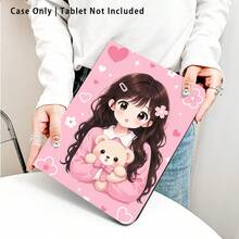 Girl Holding Cute Teddy Bear Pattern Painted Effect Tablet Protective Case, Built-In Pen Slot, With Stand, Suitable For Honor 8/9/10/X8/X8A/X9/X8Pro/X9Pro And Other Models/ MatePad Se 11 Inch/MatePad 11 Inch/11.5 Inch, MatePad Pro/, Apple 10th/11th Gen 2025 (A16), Galaxy Tab A7/A9 And Other Popular Models - Style 19 - View 3
