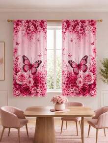 2pcs Butterfly Floral Pattern Printed Curtains, Single-Sided Printing, Semi-Sheer - Rod Pocket Curtains, Bedroom Living Room Kitchen Decor, Multiple Sizes Available, Privacy Protection, Machine Washable, Fade-Resistant Curtains, Bedroom Living Room Kitchen Decor (Rod Not Included) - Multicolor - View 5