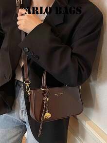 Women's Solid Handbag, Gold Letter Print Front With Braided Rope Dog Ornament Accessory, Lightweight Carry Bag For Cafe Shopping Weekend Strolls - Brown - View 4