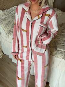 2pcs/Set Women's Winter Striped Dachshund Pattern Plush Thickened Thermal Lined Long Sleeve Top And Long Pants Pajama Set - Pink - View 4