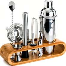 Ensemble de bar en acier inoxydable, ensemble d'outils de bar avec cuillères et base en bois, ustensiles de bar, accessoires pour bar à domicile et cuisine - Voir 1