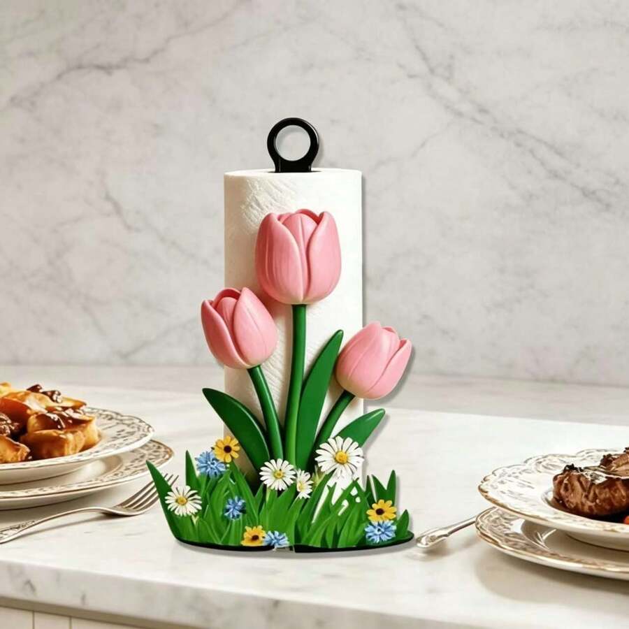 2D Flat Kitchen Towel Rack - 1 Beautiful Tulip Shaped Kitchen Towel Rack, Elegant And Beautiful Desktop Paper Towel Holder For Storage. Does Not Include Towels Or Fabric Storage Rack. Fun Gift.