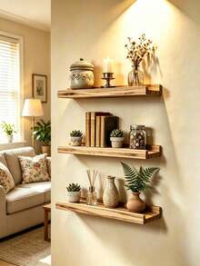 1/2/3pcs Vintage Wooden Wall Decor Shelves, Floating Shelves With Stoppers, Bohemian Style Bathroom And Kitchen Wall Racks, Room Decor, Home Decor, Bedroom Decor, Wall Decor, Easy To Install, Suitable For All Seasons, Applicable For Bedroom, Living Room, Kitchen, Bathroom, Office - Wood Color - View 3