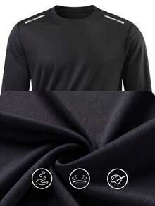 Men's Autumn Long Sleeve Quick Dry Elastic Crew Neck T-Shirt, Spring/Autumn Sports Fitness Casual Top - Black - View 6