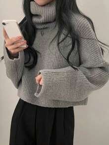 Grey Ribbed Turtleneck Cropped Sweater, Loose Slouchy Slimming Versatile Autumn/Winter Knit Top - Grey - View 7