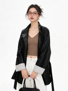 Jaket Kulit Panjang Sedang Gaya Korea Elegan 2026 Awal Musim Gugur Model Vintage Baru, Atasan Kancing Depan untuk Kuliah, Kantor, dan Pakaian Sehari-hari Musim Semi/Musim Gugur - Hitam - View 7