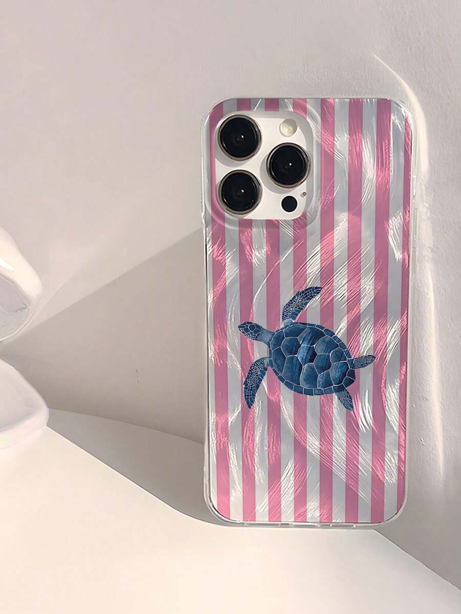 1pc Fashionable Pink Striped Turtle Pattern Waterproof Anti-Fingerprint Anti-Scratch Transparent IMD Soft Glossy Smooth Phone Case, Suitable For Confession, Gifts For Friends, Family, Couples, Birthday, Holiday, Compatible With Apple 17/17 PLUS/17 PRO/17 PRO MAX - Multicolor - View 1