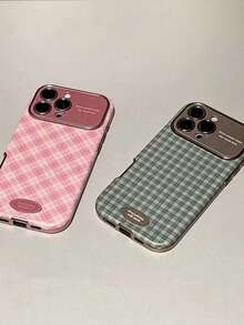 1pc Minimalist Ins Couple Plaid Pattern Phone Case Compatible With Apple 17 Pro Max 16 Pro New 13 Niche 14 Pro Women 15 Pro Full Coverage Leather Anti-Drop Soft Shell - Green - View 3