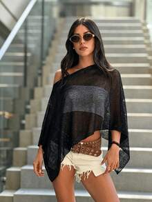 Asymmetrical Design Women's Thin Mesh Shawl, Sun Protection Shirt Summer Loose Slouchy, Multi-Functional Ice Silk Knit Hollow Out Shawl, Suitable - Black - View 1