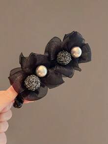 1pc Black Mesh Ruffled Hair Claw With Faux Pearl & Rhinestone Balls, Elegant Vintage Hair Claw, Sophisticated Women Hair Accessories - Black - View 3