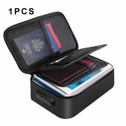 1Pc Black Large Capacity Fireproof Waterproof Document Storage Case With Dual Combination Locks, Multi Pocket Portable Zipper File Organizer Bag For Contracts Passports Certificates Office Home Document Protection