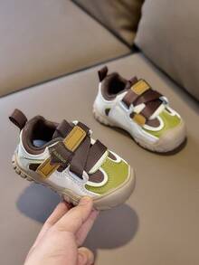 1 Pair Vintage Colorblock Baby Casual Shoes, Hook And Loop Anti-Collision Toe Cap Soft Sole Walking Sports Shoes - Khaki - View 2